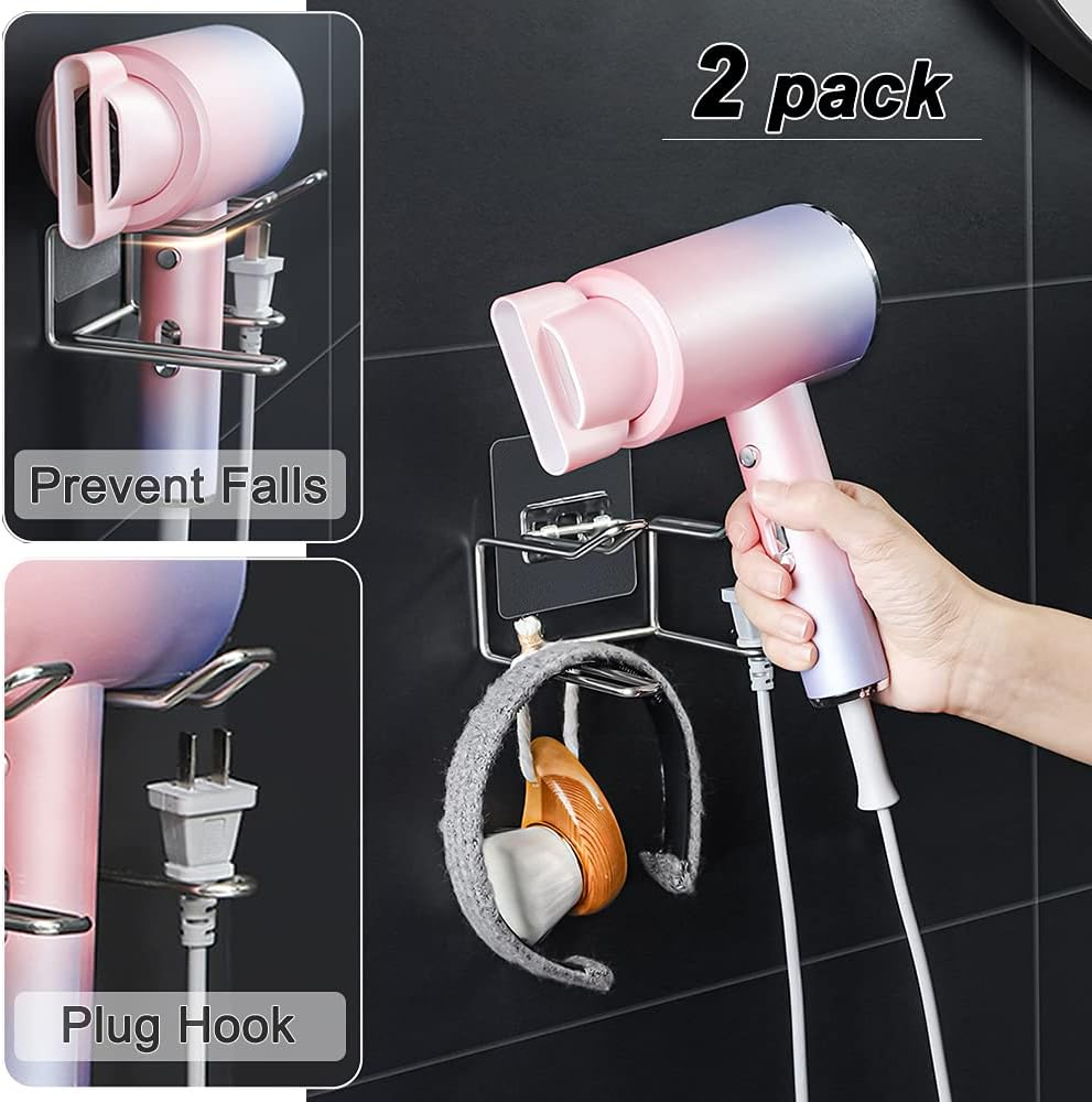Centerz 2 Pack Hair Dryer Holder, Wall Mount Self Adhesive Waterproof Blow Dryer Rack Storage Organizer Hanger, Compatible with Dyson and Most Hair Dryers Appliance, Brush, Curling Iron, Straightener image number 4