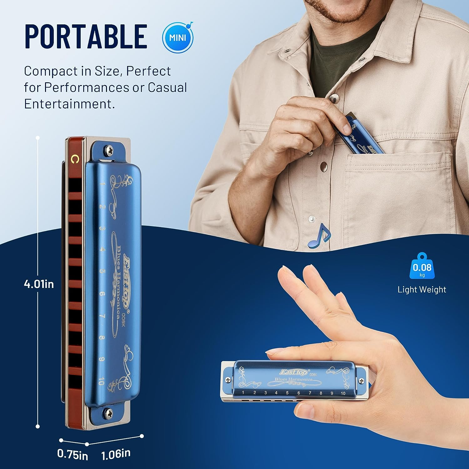 East Top Blues Harmonica Key of A, 10-Hole 20 Tones Mouth Organ Diatonic Harmonica with Blue Case, Standard Harmonicas for Adults, Professionals, Beginner, Students and Kids,As Gift image number 1