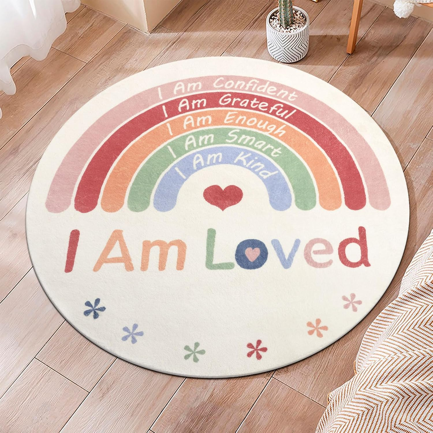 Topotdor Boho Rainbow round Rug,Washable Kids Rug Ultra Soft Colorful Nursery Rug for Calming Corner Home Bedroom Playroom Decor,47" Round image number 5