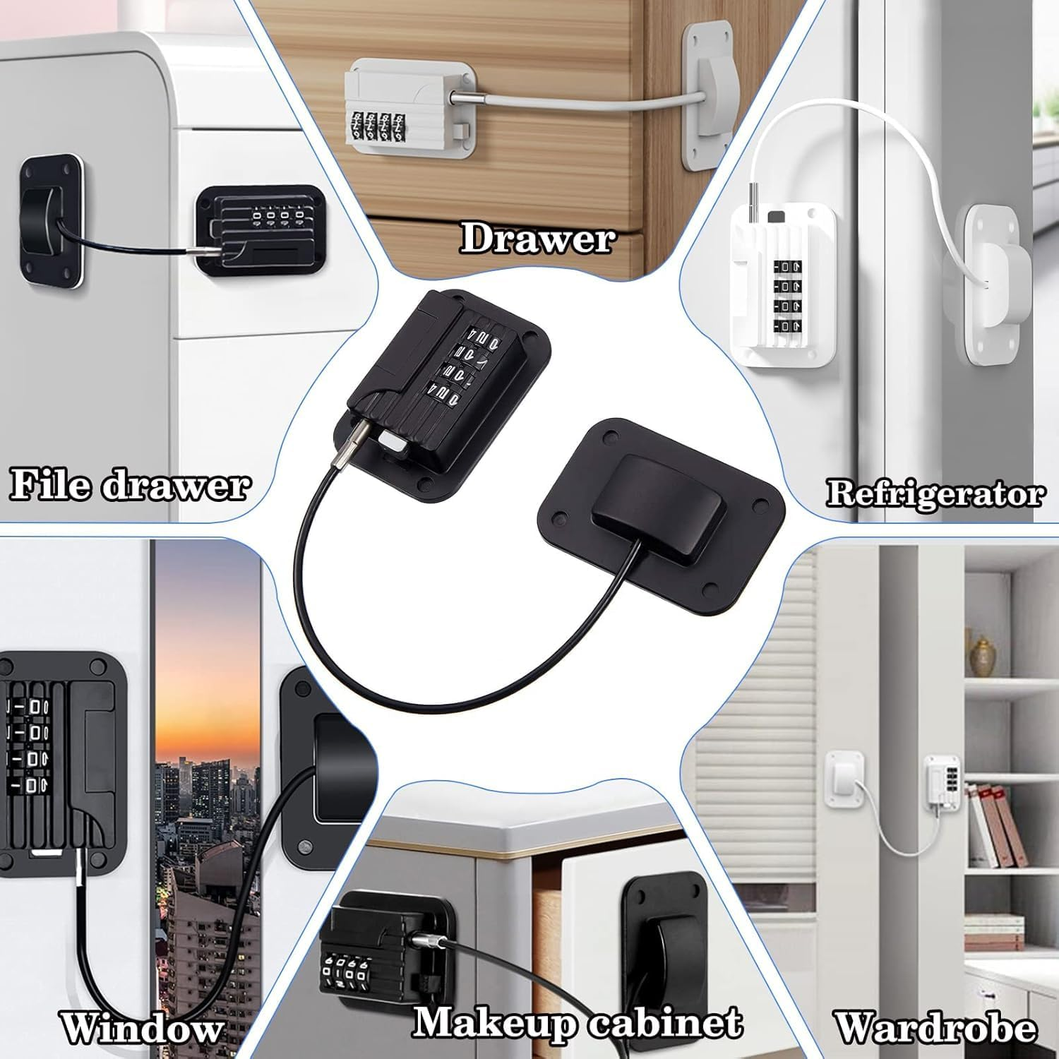 4-Digit Password Fridge Lock&ndash;Refrigerator Fridge Freezer Door Lock with Password, Child Proof Door Lock for Kitchen Refrigerator, Cabinets and Drawers, Closets, Windows, Doors-No Tools Need or Drill image number 1