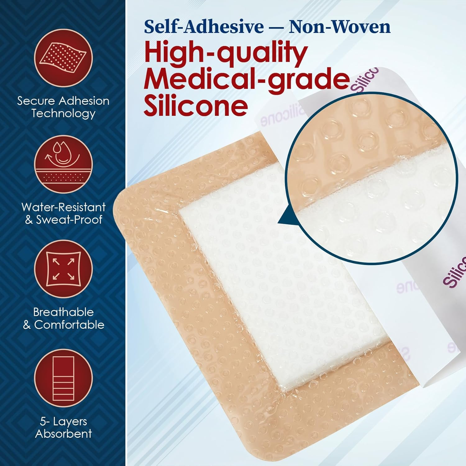 Medca Silicone Foam Dressing W/Adhesive Border 4"X4" (Pack of 10) Waterproof Silicone Bandages for Wounds, Highly-Absorbent Wound Dressing Bandage Care for Bed Sore Bandages, Pressure Sores, Ulcers image number 5