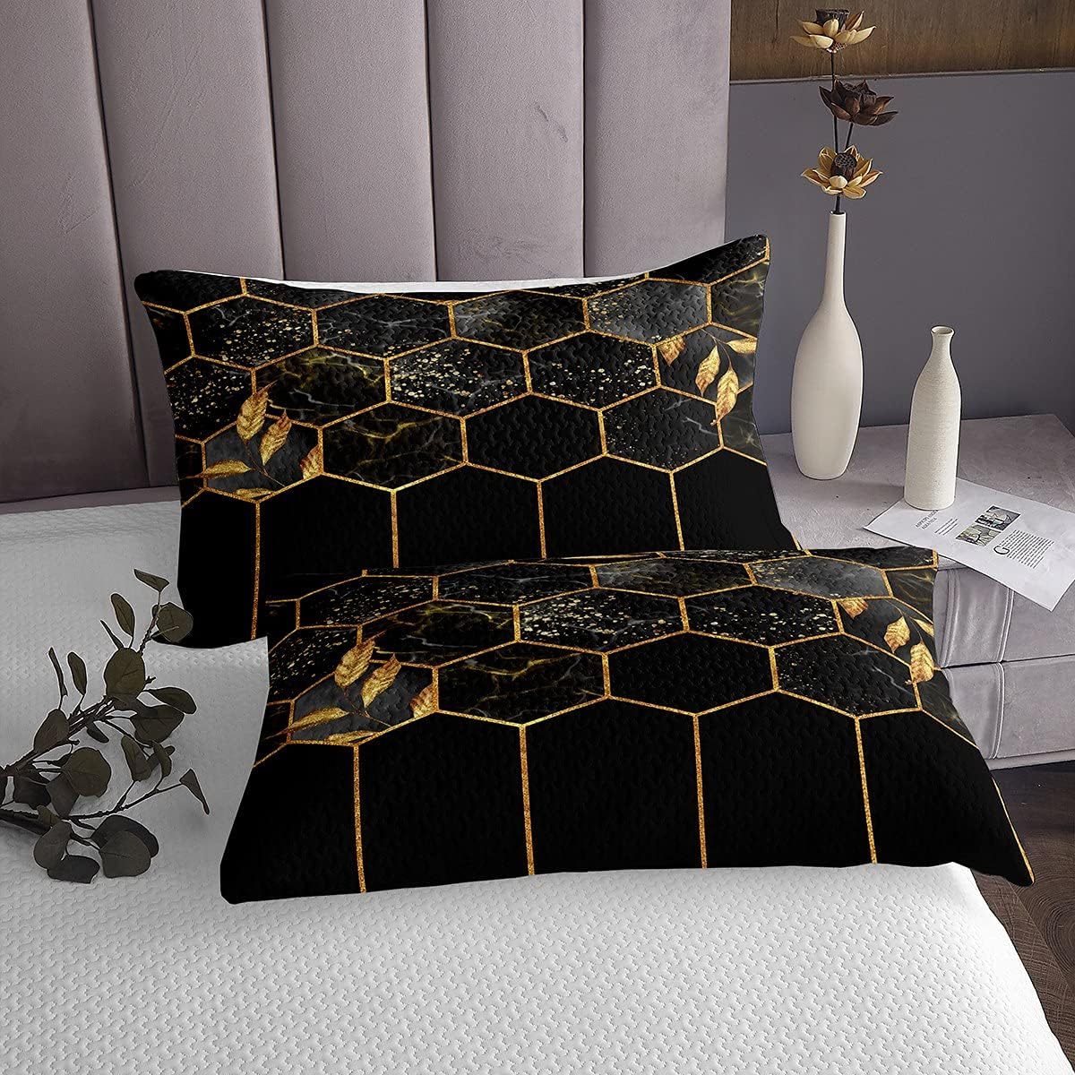 Marble Bedspread Set 240 X 260 Cm, Black Grey Geometric Gold Plaid Bed Linen Set, Modern Luxury Diamond Quilt Set with Metallic Stripe Printed Beehive Hexagon Grid Coverlet Set, Honeycomb image number 2