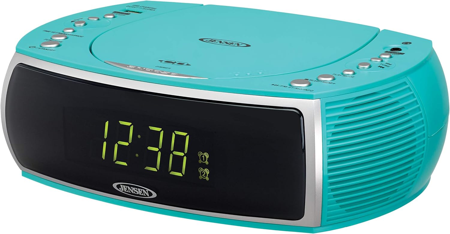 Jensen Turquoise Modern Home CD Tabletop Stereo Clock Digital AM/FM Radio CD Player Dual Alarm Clock Stereo CD Top-Loading Disc Player | USB Charging Port DV 5V 800Ma | Headphone Jack | 0.9 Display image number 4