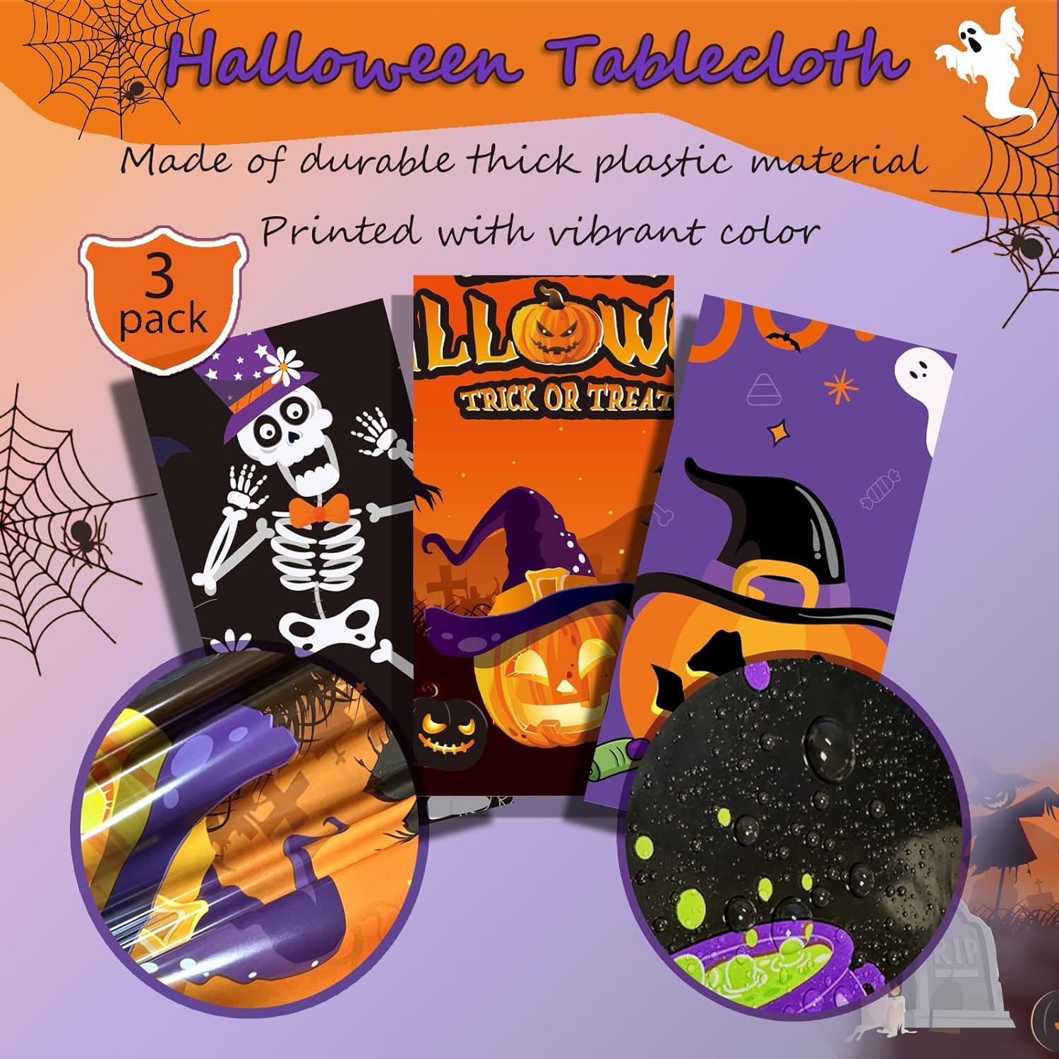 OQOQ Halloween Tablecloth (3, Black Orange Purple), 108X54 Inches Halloween Plastic Table Cloth Disposable Party Favors Pumpkin Boo for Outdoor Indoor Table Decor Backdrop Banner Party Supplies image number 2