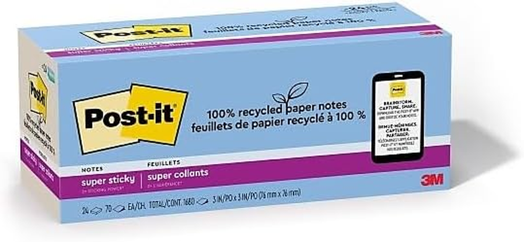 Post-It 100% Recycled Paper Super Sticky Notes, 2X the Sticking Power, 3X3 In, 24 Pads, 70 Sheets/Pad, Oasis Collection (654R-24SST-CP) image number 3