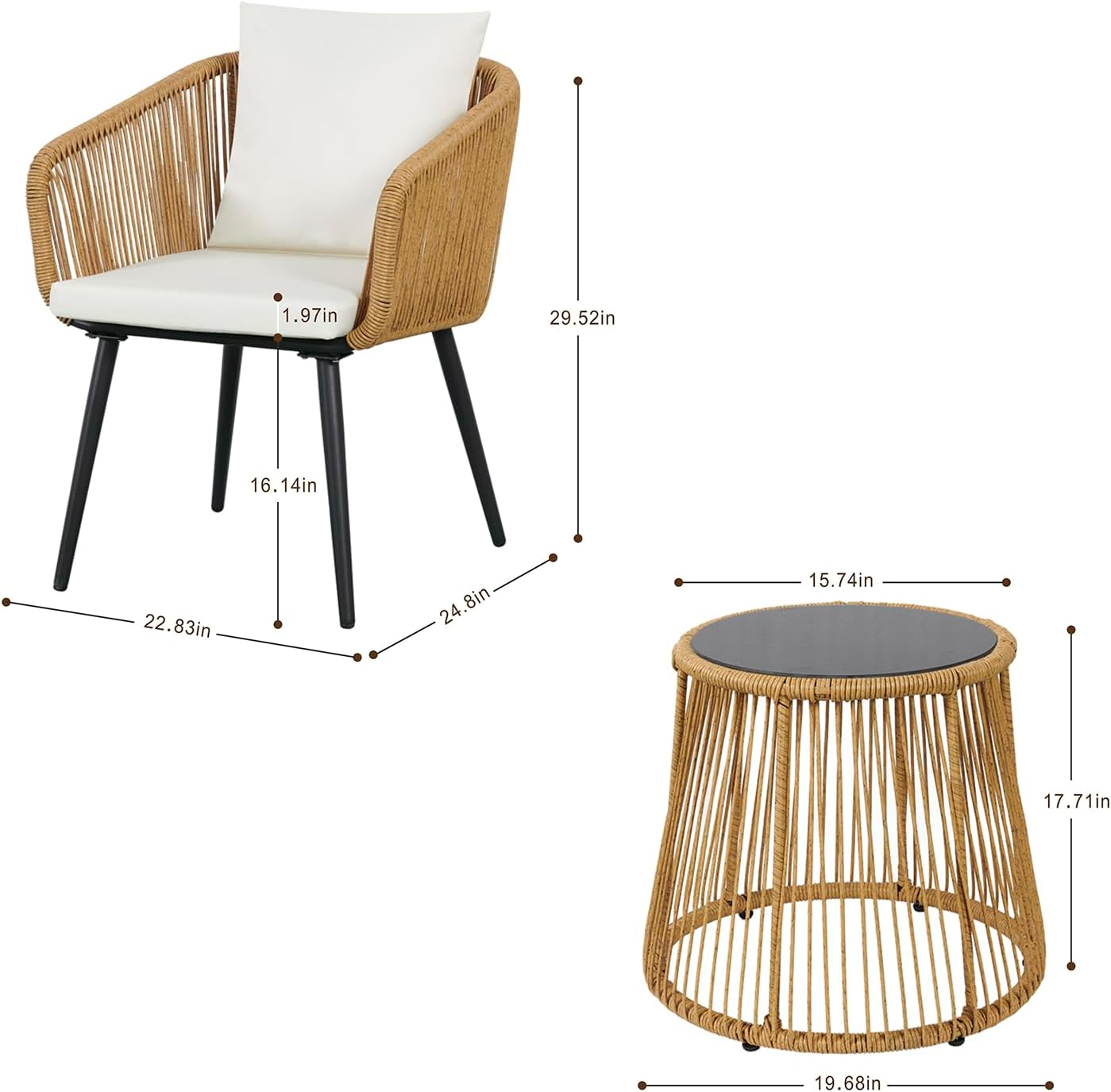 YIYAN 3-Piece Patio Bistro Set with Folding Rattan Chairs and round Table - Small Outdoor Furniture for Balcony image number 2