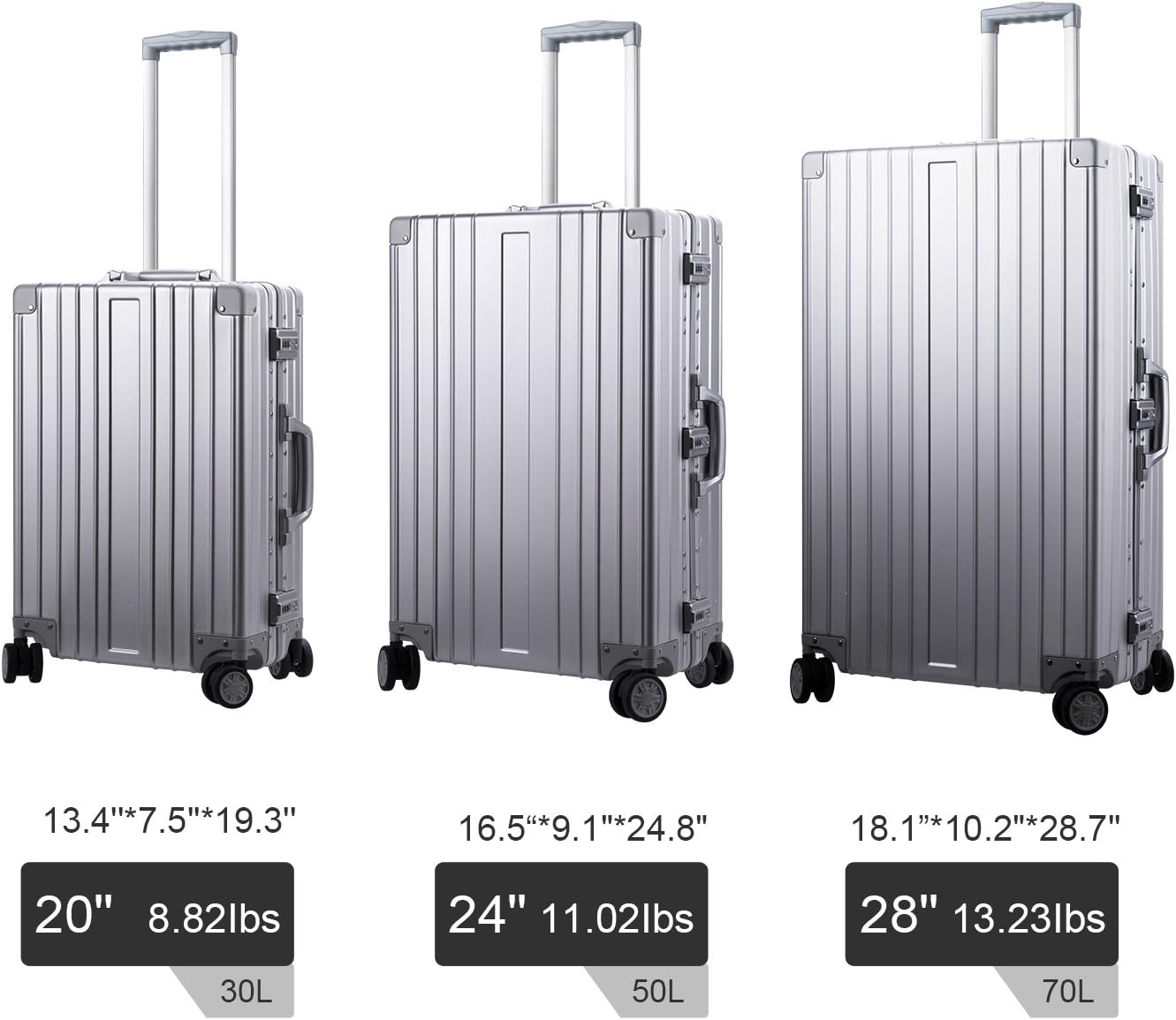Travelking Multi-Size All Aluminum Hard Shell Luggage Case Carry on Spinner Suitcase by Travelking 20"-28", Silver, 20" image number 6