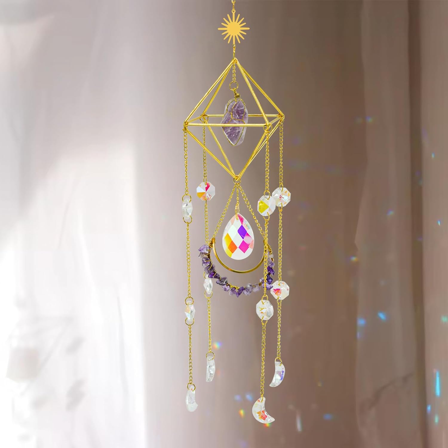 Mrmrkura Crystal Suncatcher for Windows Hanging with Chain, Gold Sun Catchers with Crystals Rainbow Maker Wind Chime Crystal Ornament for Home Indoor Decor (Amethyst) image number 3