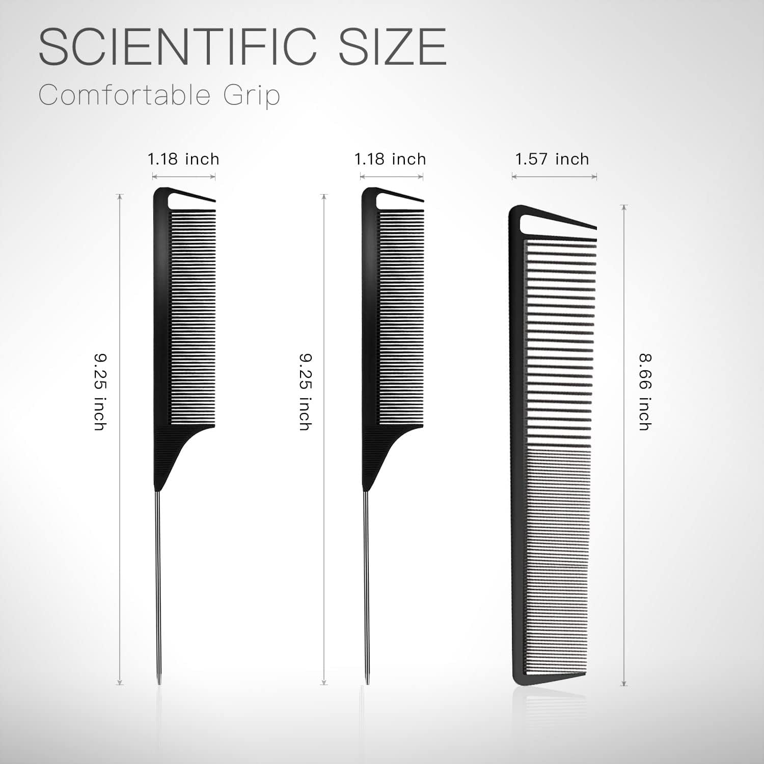 3 Pcs Rat Tail Comb Parting Comb for Braids Barber Styling Combs Carbon Fiber Teasing Combs Stainless Steel Pintail Comb for Women Men Fine Teeth Salon Hairdressing Hair Care Tools (Black+Black+Black) image number 2