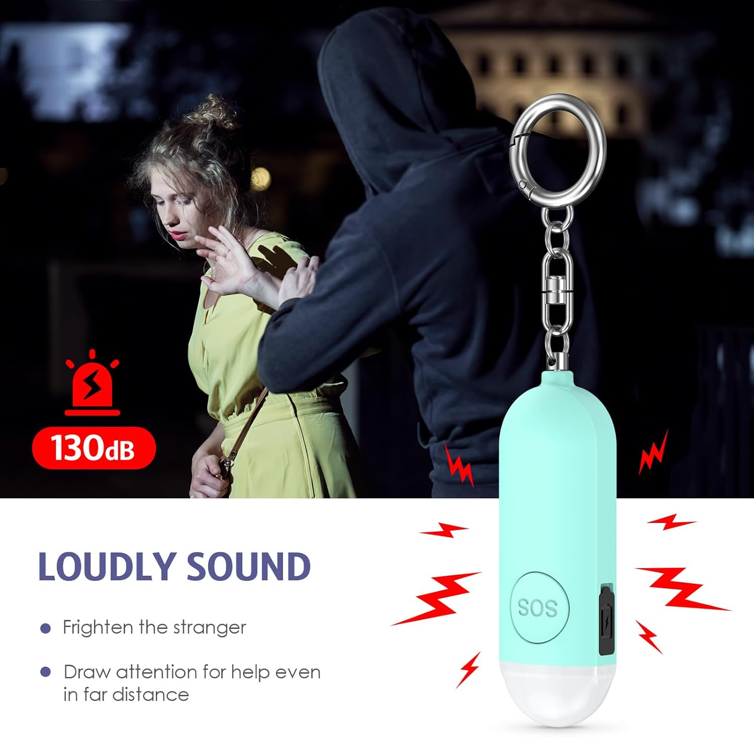 OQIMAX 2Pcs Personal Alarm for Women, 130 Db Siren USB Rechargeable Alarm Keychain & Safety Alarm with LED Flashlight Small Loud Personal Alarm Keyring for Women Children Seniors Blue - Blue+Blue image number 4