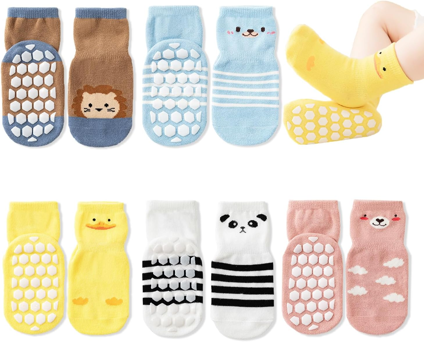 5 Pairs Unisex Baby Non-Slip Socks, Toddlers Soft Cotton Crew Socks with Grippers Crawling Socks for Babies Non-Skid Ankle Socks for Kids Boys Girls Newborn Infant 0-12 Months/1-3/3-5 Years image number 5
