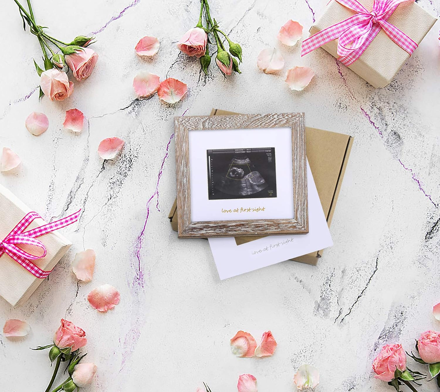 IHEIPYE Baby Love at First Sight Sonogram Keepsake Frame - Ultrasound Picture Frame - Pregnancy Announcement Frame for Expecting Parents, Gender Reveal Party, Grandparents, Rustic White image number 2