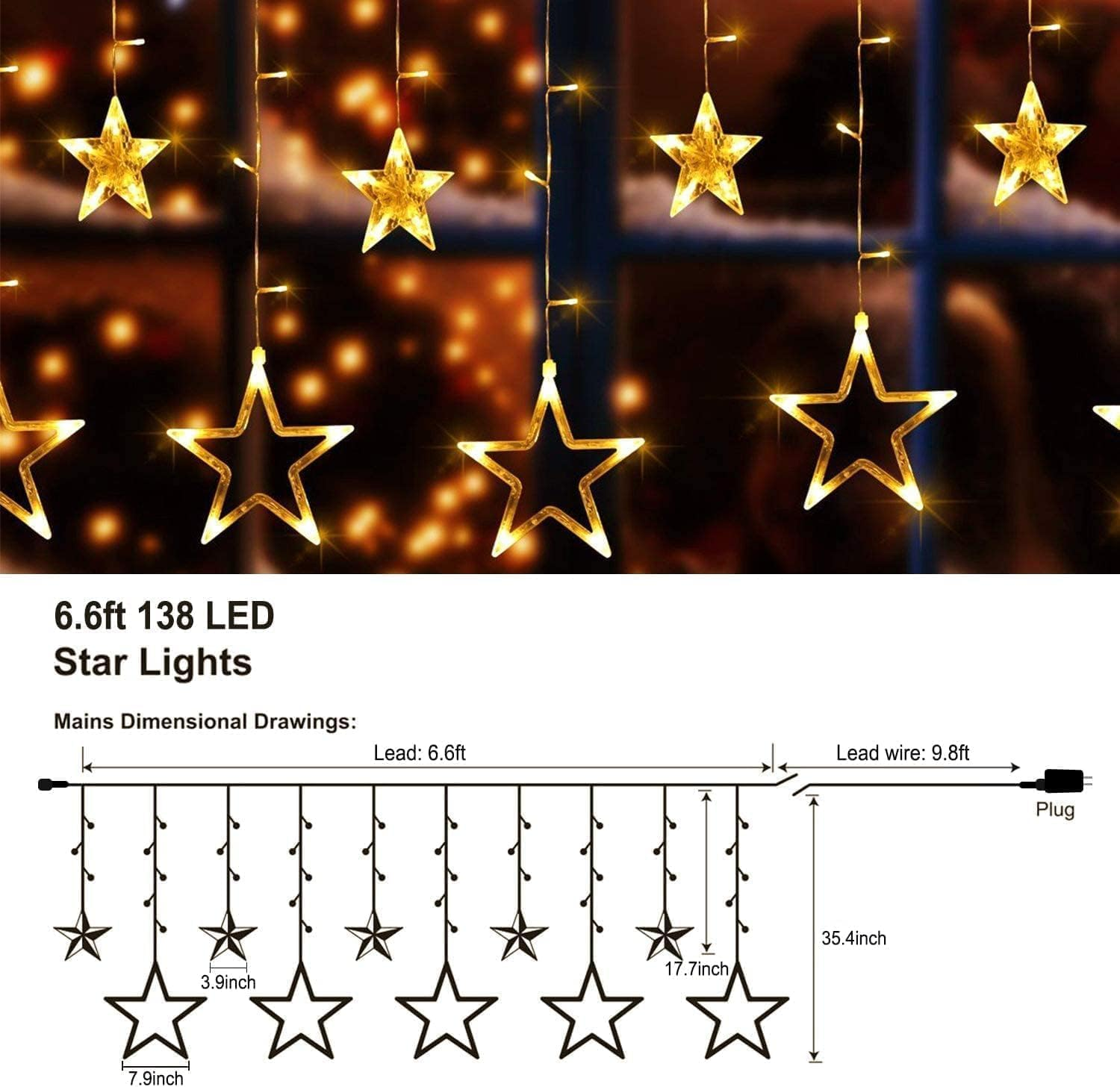 Quntis Christmas Fairy Lights - 138 LED 12 Star Connectable Curtain Window Lights with 8 Mode Indoor Waterfall Light Hanging Backdrop for Bedroom Wedding Party Wall Decoration, Warm White image number 1