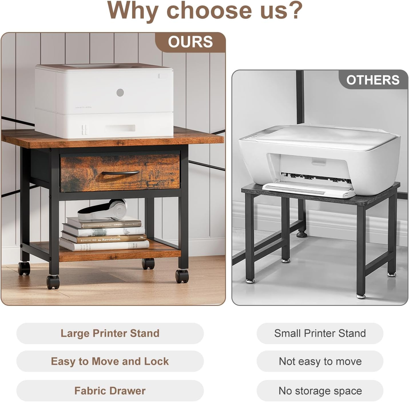 Huaniun 2 Tier Desktop Printer Stand with Storage Drawer, under Desk Printer Table, Multi-Purpose Desk Organizer Storage Shelf, Desktop Office Shelf with Wheels image number 3