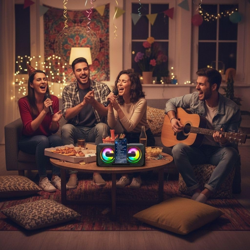 Karaoke Machine with Two Wireless Microphones, Portable Bluetooth Speaker, Karaoke Machine for Adults and Kids, PA System for Home Party, Outdoor, LED Lights, Supports USB/AUX/TF Card Bluetooth image number 6