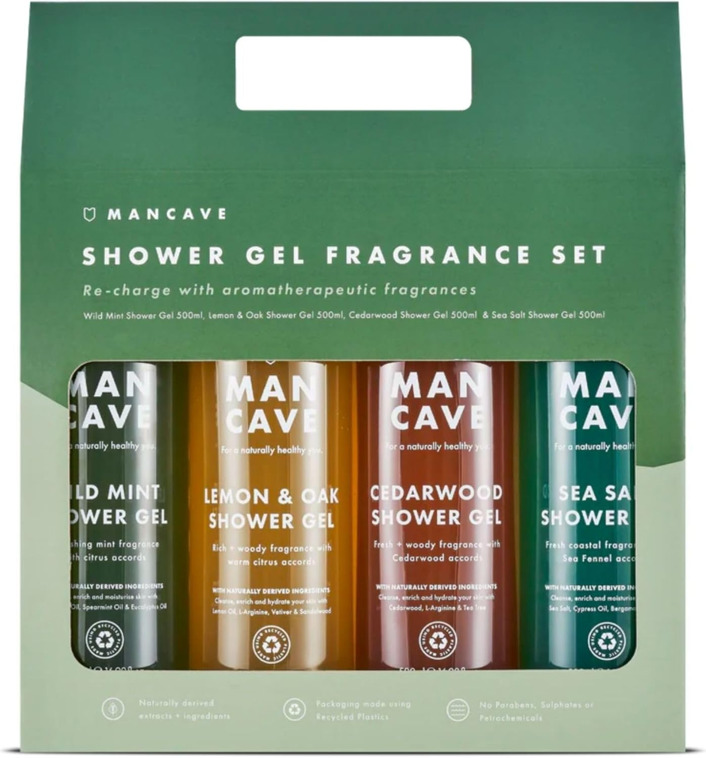 Mancave Men'S Shower Gel Gift Set, 4 X 500 Ml Natural Sulphate Free Shower Gel - Wild Mint, Lemon & Oak, Cedarwood and Sea Salt, Vegan, Cruelty Free - Made in the UK image number 1