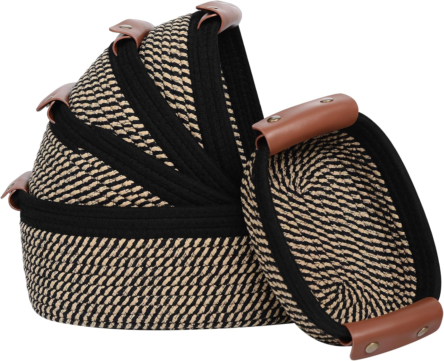 Storage Basket Set of 5 - Cotton Rope Baskets with Leather Handles - Small Woven Basket for Organizing, Nursery, Bathroom Shelves or Bedroom Decor (Rainbow)