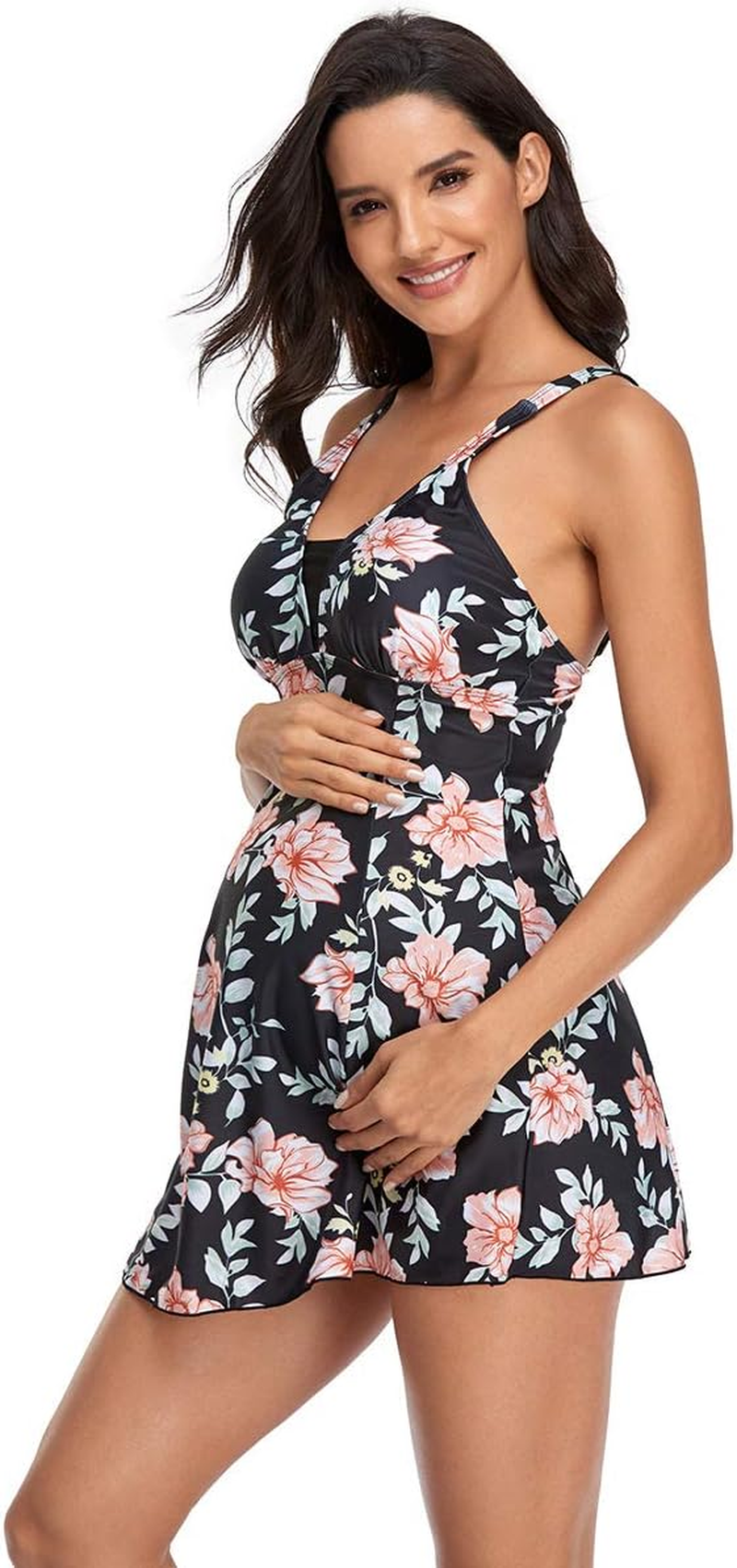 ASHER FASHION Women'S Halter Neck Maternity Tankini Backless V-Neck Top and Boyshort Two Piece Swimwear S-XXL image number 6