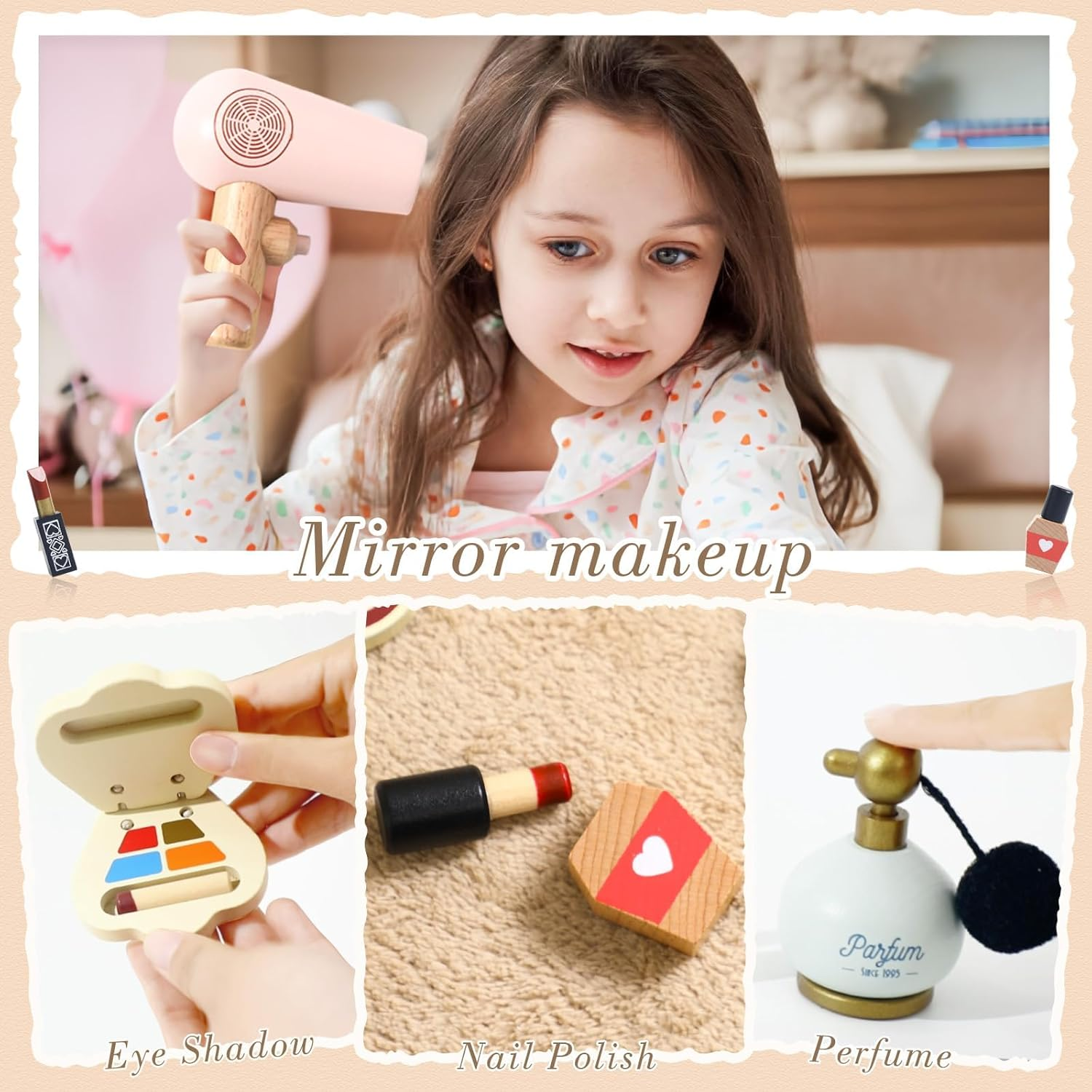 IEATFO Kids Makeup Kit for Girl, Wooden Makeup Toy Set for Toddlers, Pretend Wood Beauty Salon Toys Set for Kid Children Princess, Christmas Birthday Gift Toy for 3 4 5 6 7 8 9 10 Year Old image number 4