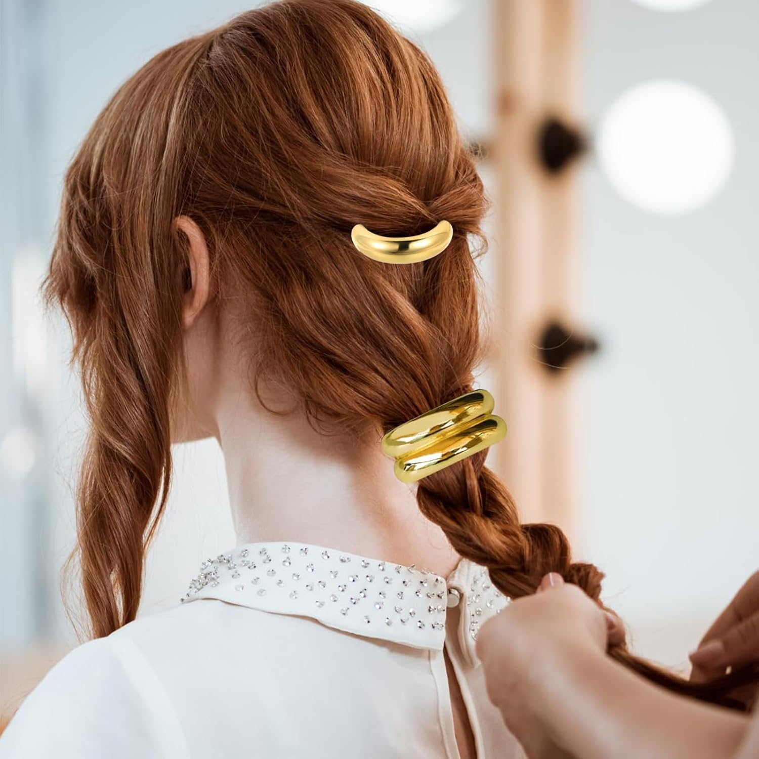 ASOMI 3 Pieces Gold Hair Scrunchies Metal Hair Ties for Thick Hair Elegant Durable Geometric Design Stretchy and Non-Damage Ponytail Holders image number 6