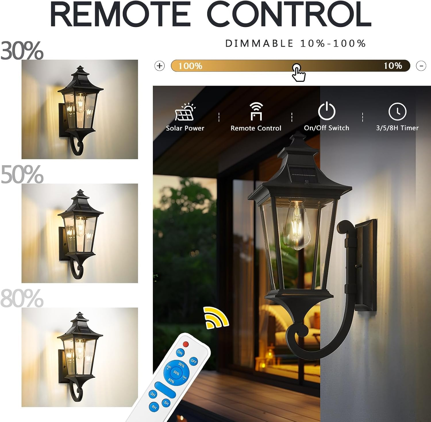 EMLIVIAR Solar Exterior Front Porch Light with Remote Control, 3 Lighting Modes Waterproof Solar Wall Lantern, Auto On/Off Black outside Light with Clear Glass, 500181-SL BK image number 3