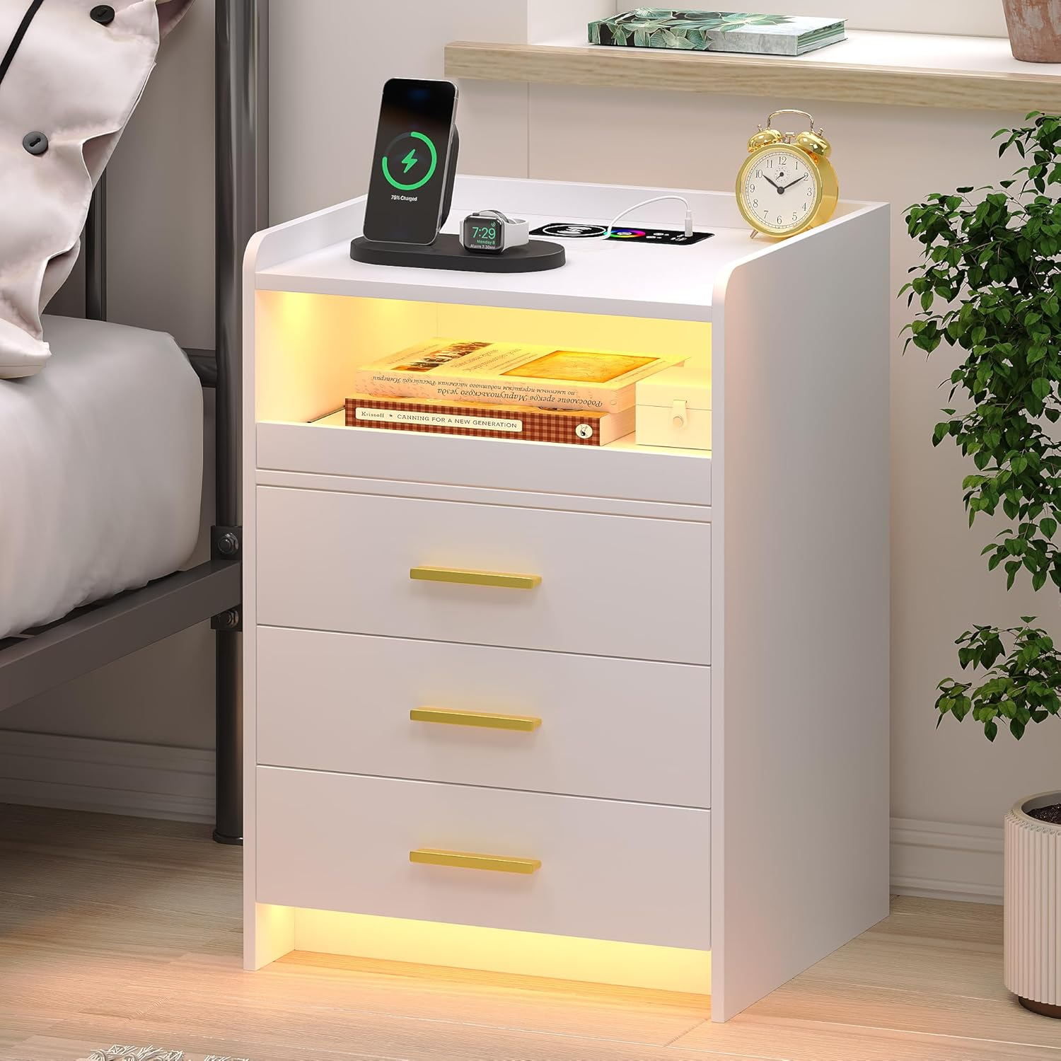 Dystler Nightstand with Wireless Charging Station Bedside Table with RGB Light & Human Sensor Design 3 Drawers LED Modern Night Stand End Table for Bedroom Livingroom Office, White - Black image number 7