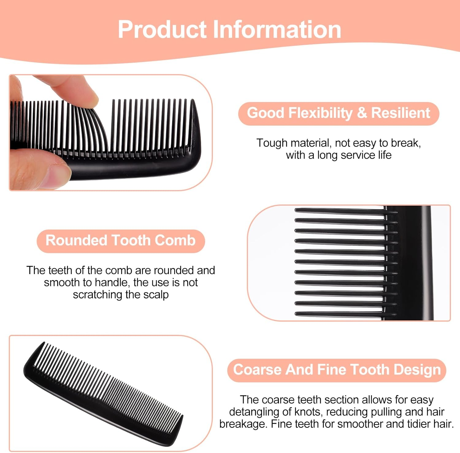 Mynoozi 12 PCS Hair Combs Set Colorful Plastic Pocket Combs Fine and Wide Tooth Cutting Combs for Women and Men Salon and Hotel Hair Care Tool(Black) image number 2