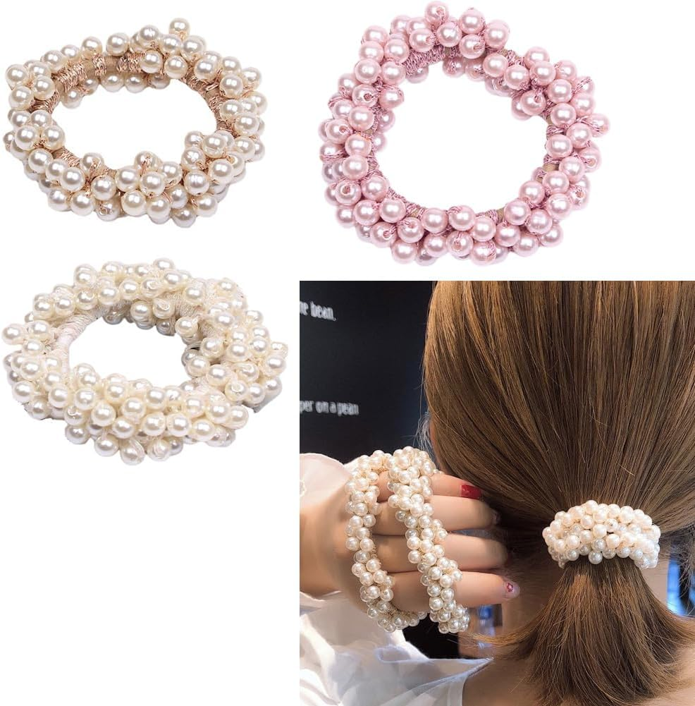 Pearl Hair Ties for Girls Women Elastic Pearl Scrunchie Non Slip Pearls Ponytail Holders for Thick Thin Hair Pearl Hair Accessories for Women Hair Tie Pearl Hair Band 3Pcs image number 3