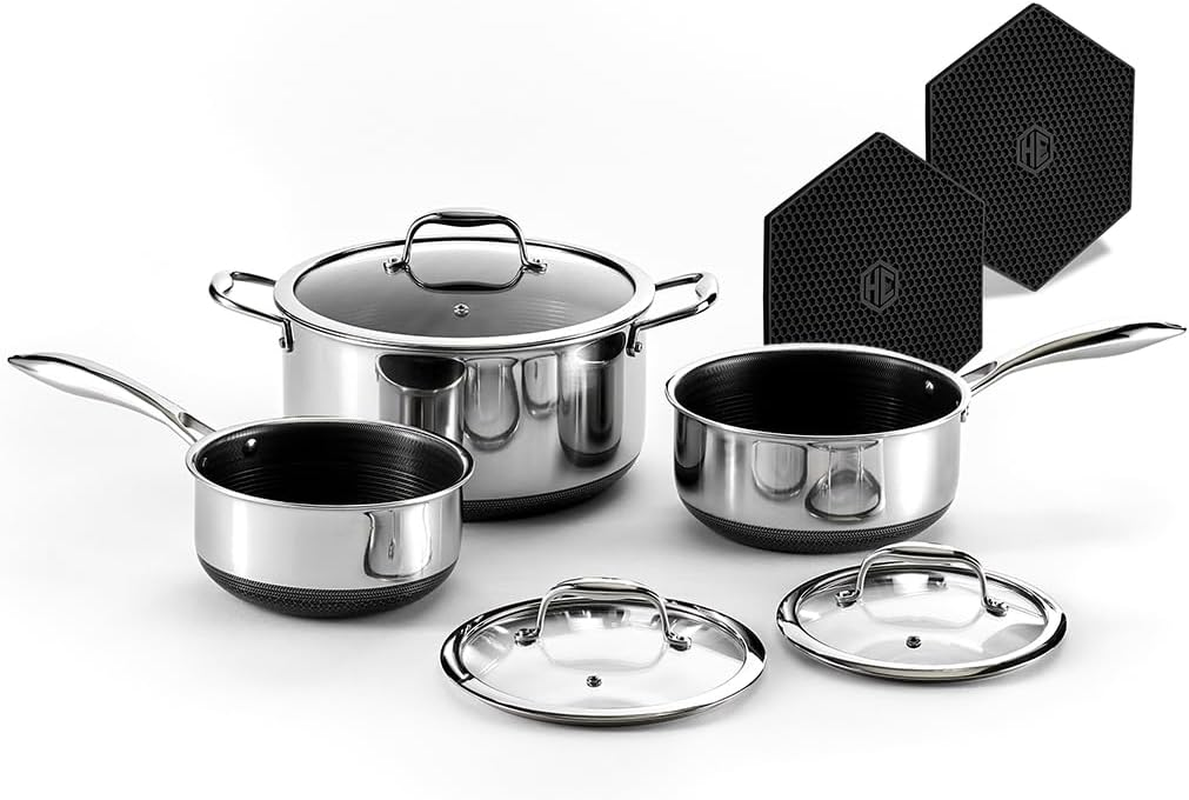 Hexclad Hybrid Nonstick 6-Piece Pot Set, 2, 3, and 8-Litre Pots with Tempered Glass Lids, Stay-Cool Handles, Dishwasher-Friendly, Induction Ready, Compatible with All Cooktops image number 2