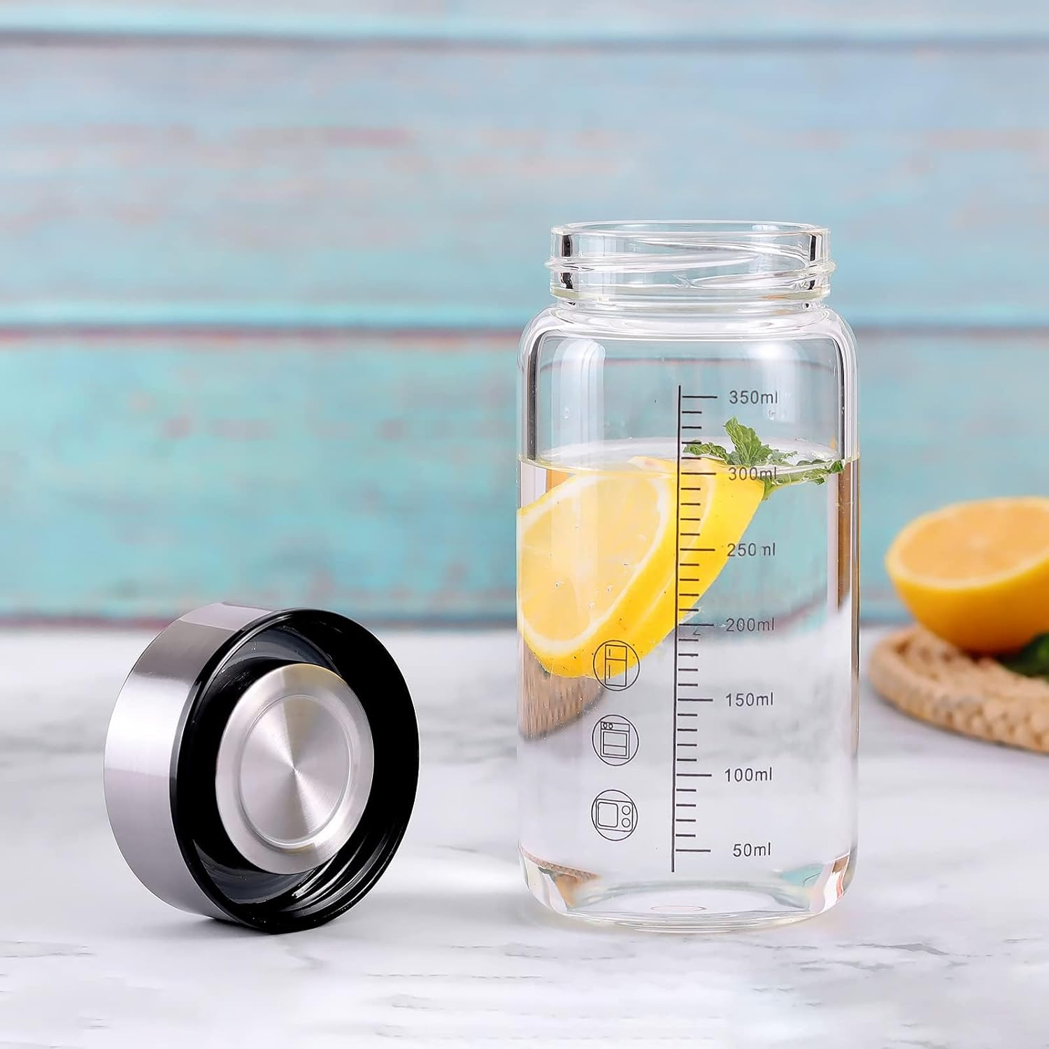 TONGRANG-LIFE 12Oz Glass Water Bottle,Glass Shaker Bottle,Small Glass Water Bottle,Glass Blender Bottle,Wide Mouth Glass Milk Bottle with Lid,Athletic Green Bottle image number 2