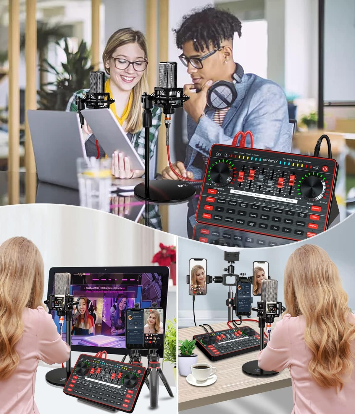 Audio Mixer with Sound Card, Tenlamp Two 3.5Mm Studio Condenser Microphone and G3 Audio Interface, Sound Board Voice Changer, Podcast Equipment Bundle for PC Recording Gaming Live Streaming Podcast image number 1