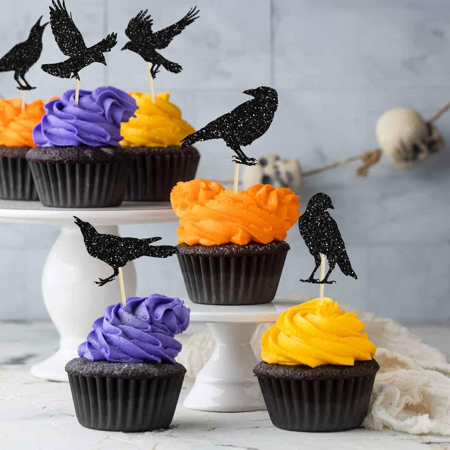24Pcs Black Crow Cupcake Toppers Glitter Raven Halloween Cupcake Picks for Horror Crow Halloween Theme Birthday Party Cake Decorations Supplies image number 3