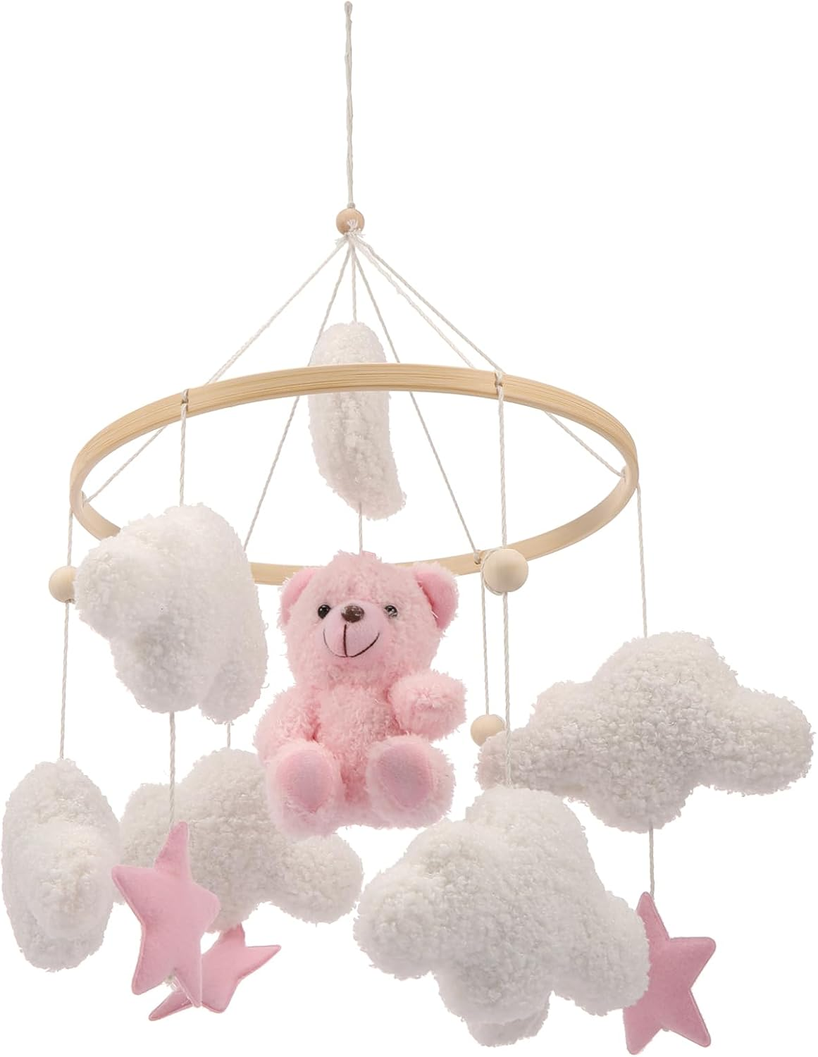 Baby Crib Mobile, Soft Plush and Wood Nursery Mobile, Infant Bedroom Hanging Nursery Decor for Newborn Boy Girl (Pink)