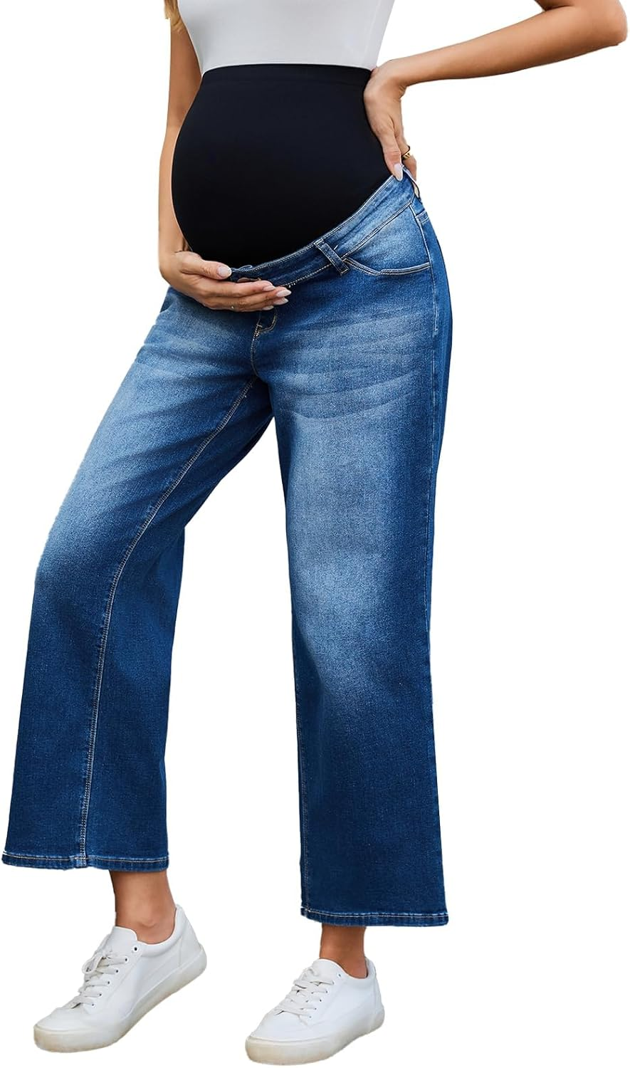 Ecavus Women'S Maternity Jeans over Belly Wide-Leg Comfy Stretch Denim Pants with Pockets, XS-XXL
