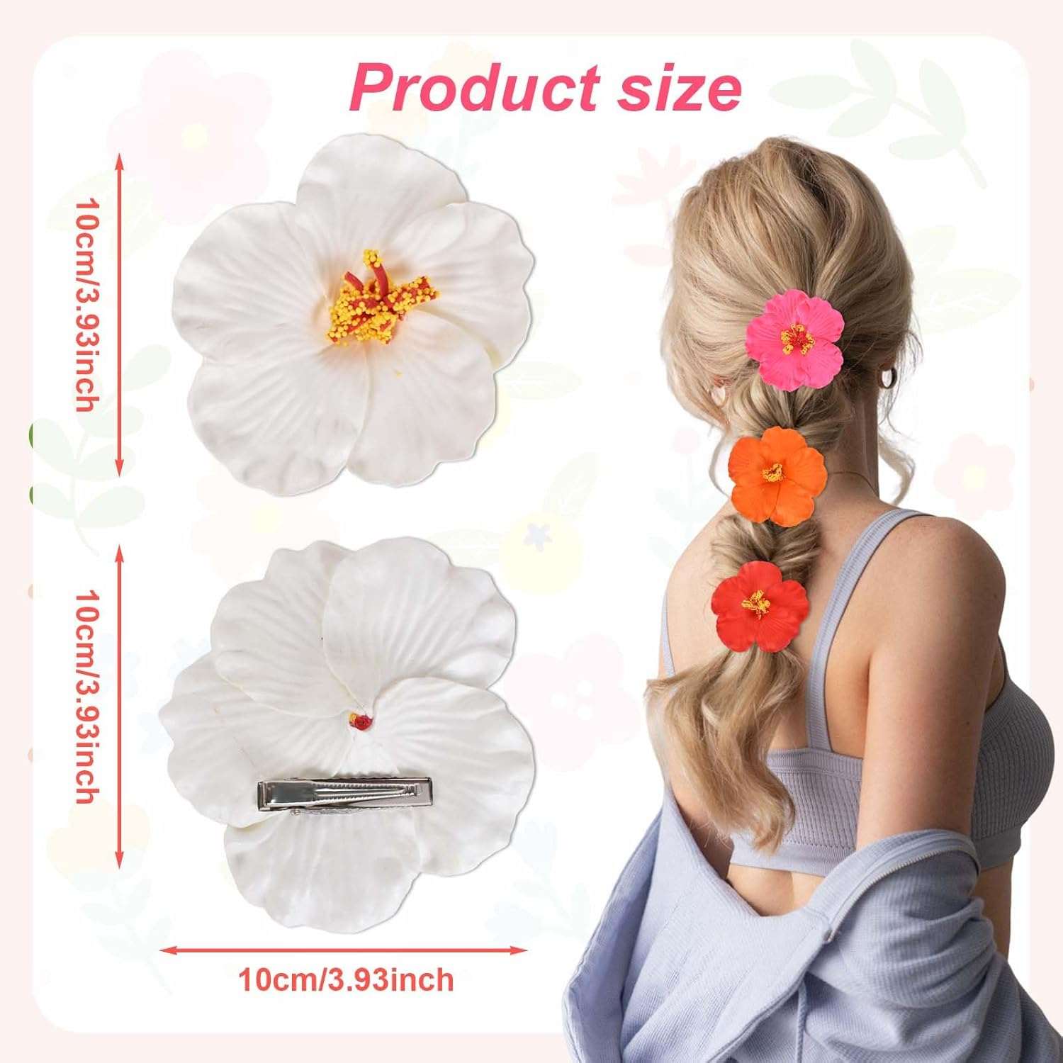 Tropical Flowers Hair Clip, Pack of 4 Hair Clips with Hawaiian Flowers, Hawaiian Plumeria Hair Clip, Hibiscus Flower Clip for Women, for Wedding, Holiday, Beach Party, 4 Colours image number 5