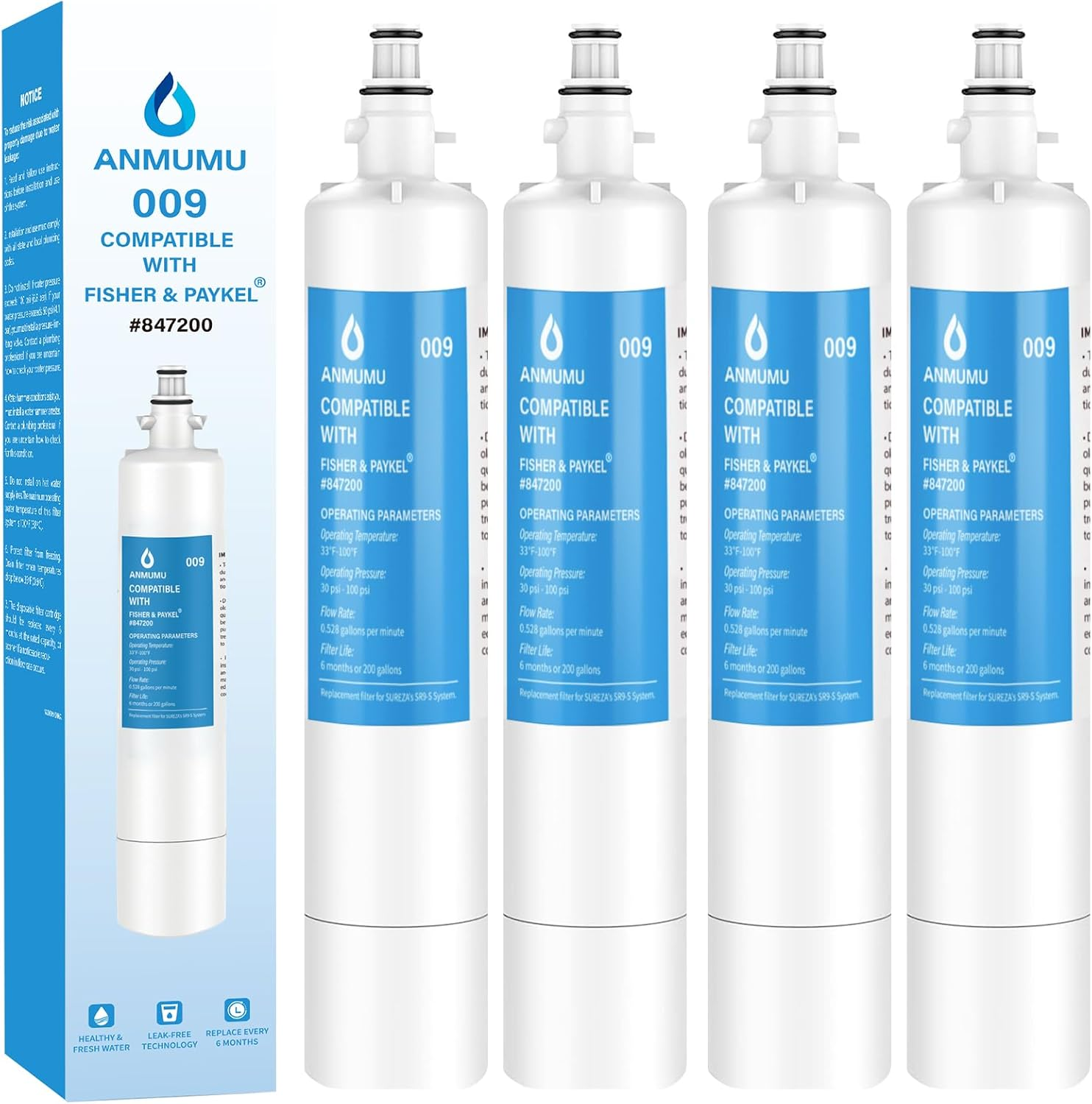 Anmumu 847200 Refrigerator Water Filters for Fisher & Paykel Refrigerators,Nsf 42 Replacement Forfisher & Paykel 847200,E522, E422, E402,4 Pack image number 1