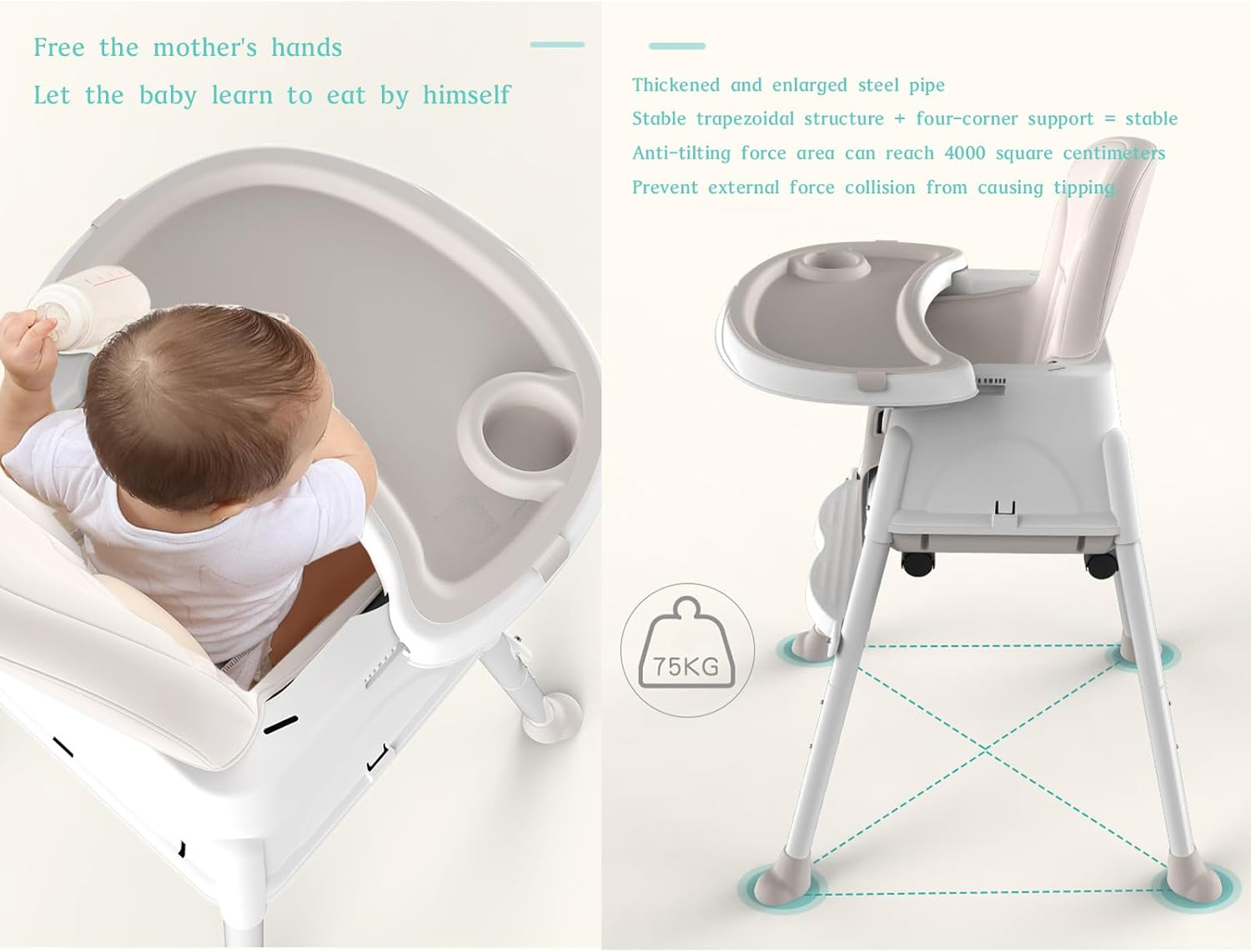 Xcjump Baby High Chair, Portable Feeding Chair with Dining Tray, Height Adjustable Toddler Dining Chair for Babies and Toddlers image number 6