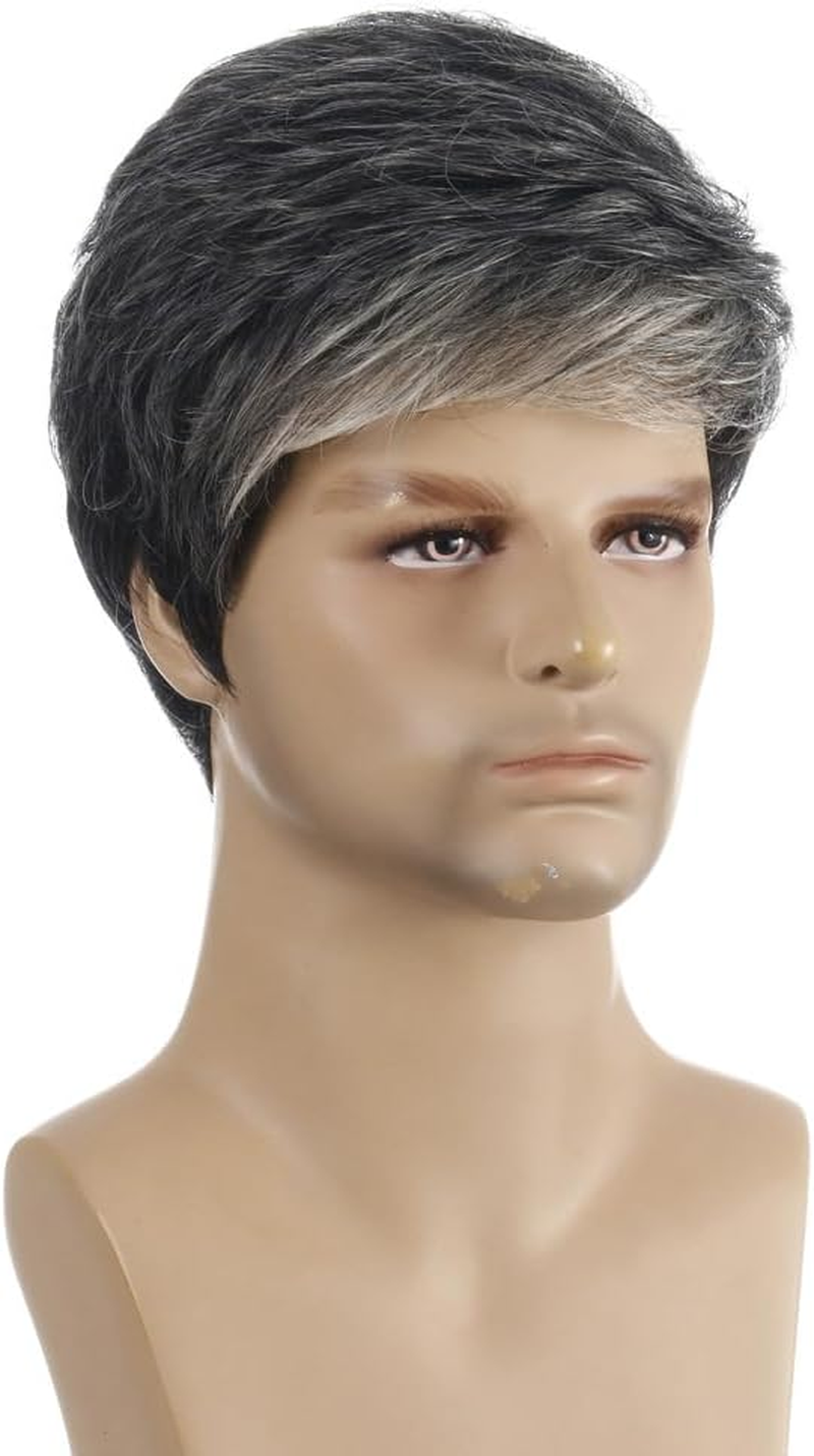 AUBWIG Men'S Black Brown Mixed Light Blonde Wigs Short Hair with Blonde Strands Natural Smooth Fluffy with Fringe Tiered Synthetic Wig for Male Everyday Use image number 6