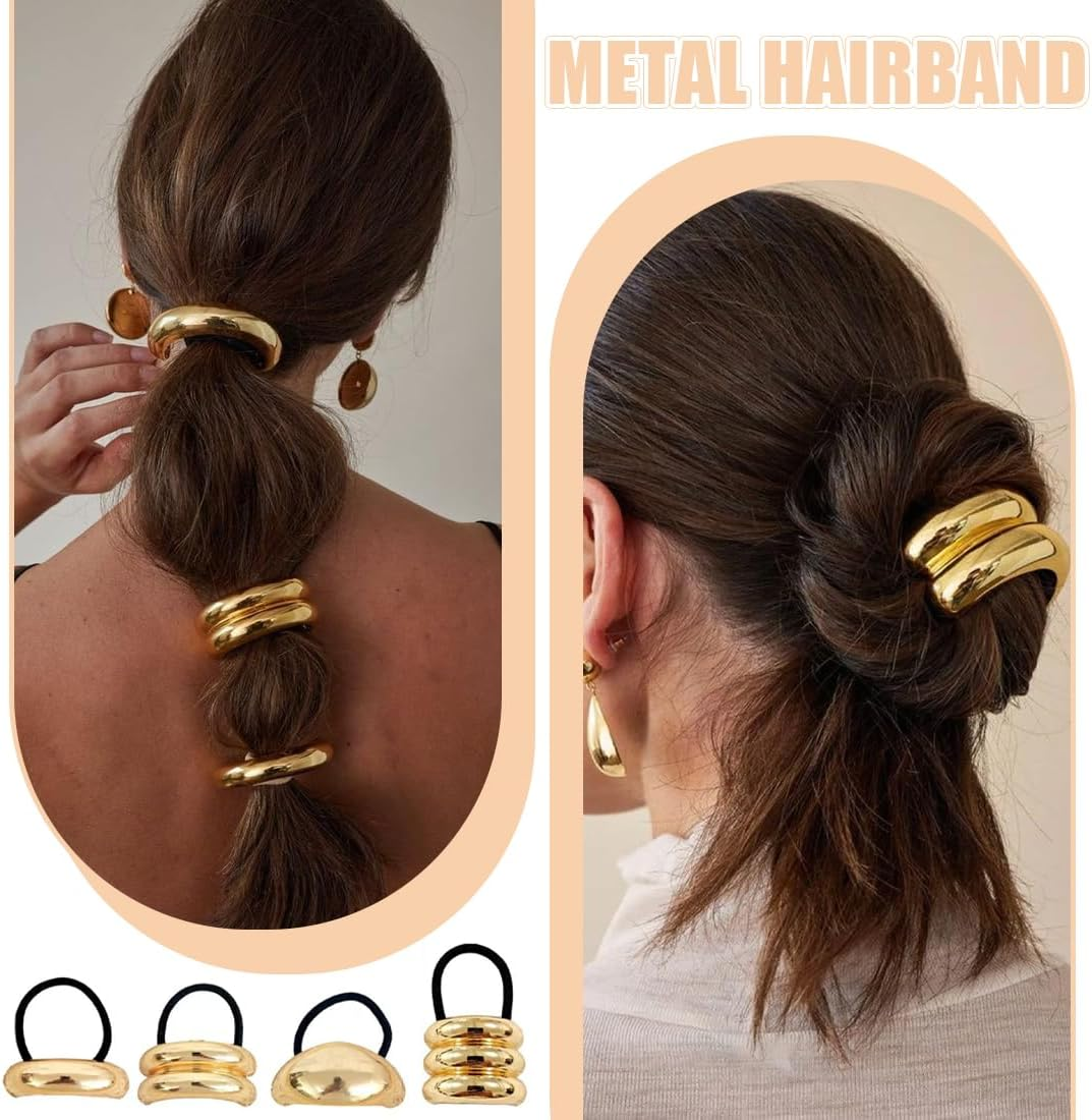 Pack of 4 Metal Hair Bobbles for Ponytails, Hair Cuffs for Ponytail, Metal Hair Cuff, Hair Scrunchie, Gold image number 2