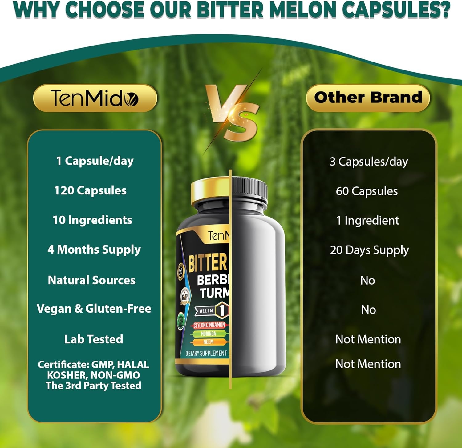 Bitter Melon Supplement - 10In1 Formula - Combine with Berberine, Ceylon Cinnamon, Turmeric, Moringa, Neem, Ginger, Gotu Kola, Artichoke, and Black Pepper - 120 Capsules for 4 Months Supply image number 4