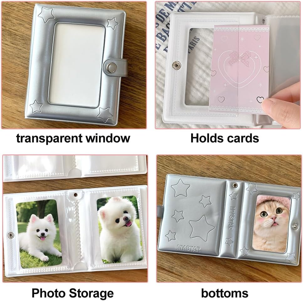 3 Inch Silver Photo Albums, Mini Photo Album Small Picture Book for Photos Patent Leather Star Postcard Album Picture Books with 20 Pages and 40 Pockets Postcard Holder Photoalbum Scrapbook Albums image number 6