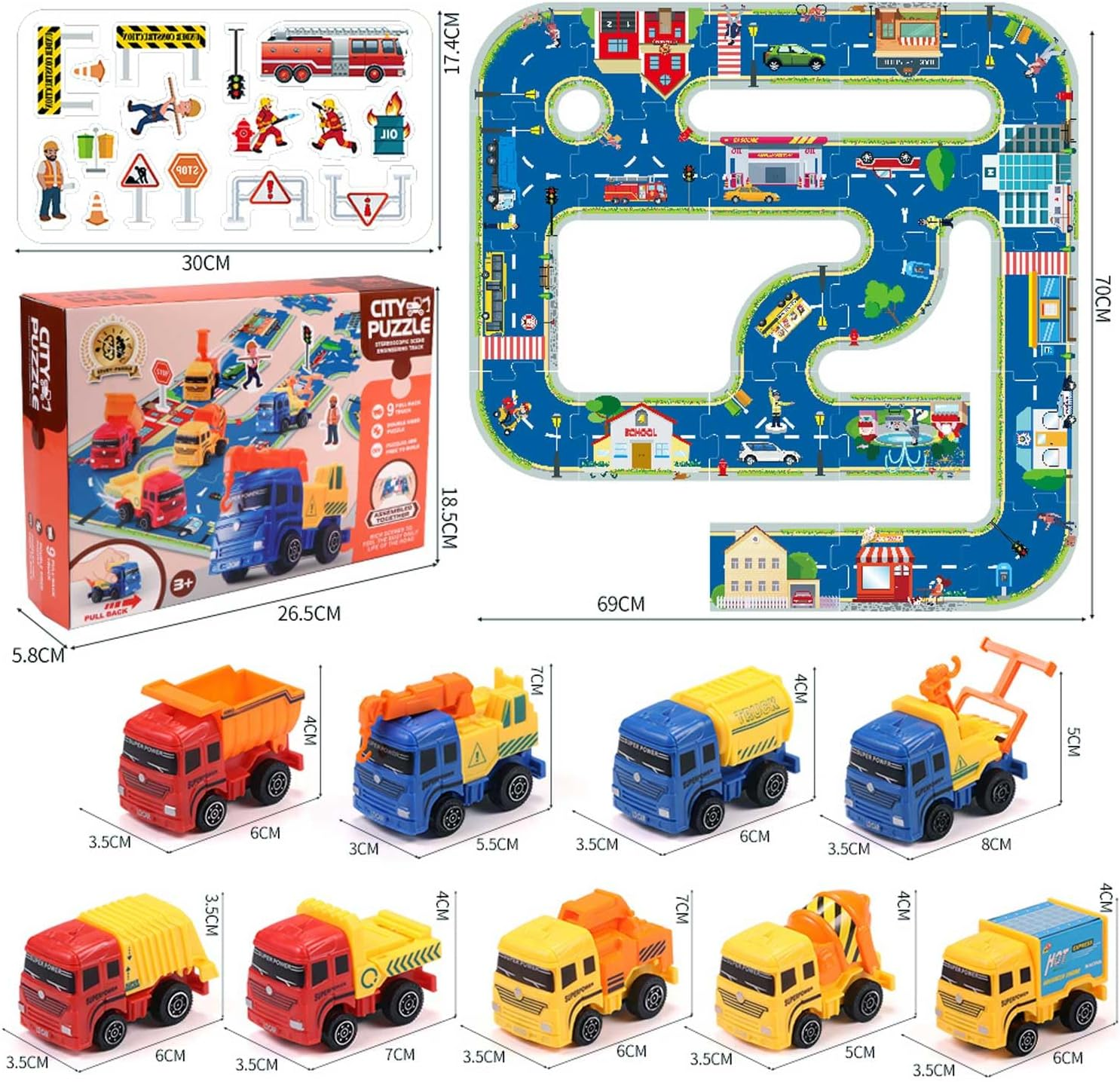 Pull Back City Cars and Trucks Toy Die Cast Vehicle Set Model Car, Friction Powered Mini Car Pack Toy Set with Play Mat, City Puzzle Engineering Car Set Toys for Kids 3 4 5 6 7 8 Years Old Boy Gifts