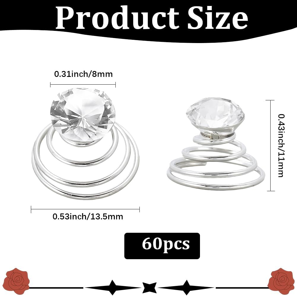 SOFPLATE Pack of 60 Rhinestone Hair Pins with Diamonds Spiral Shape Feather Artificial Glitter Sparkling Gemstone Hair Pin for Wedding Bridal Prom Christmas Party Guest Gift Fra image number 2