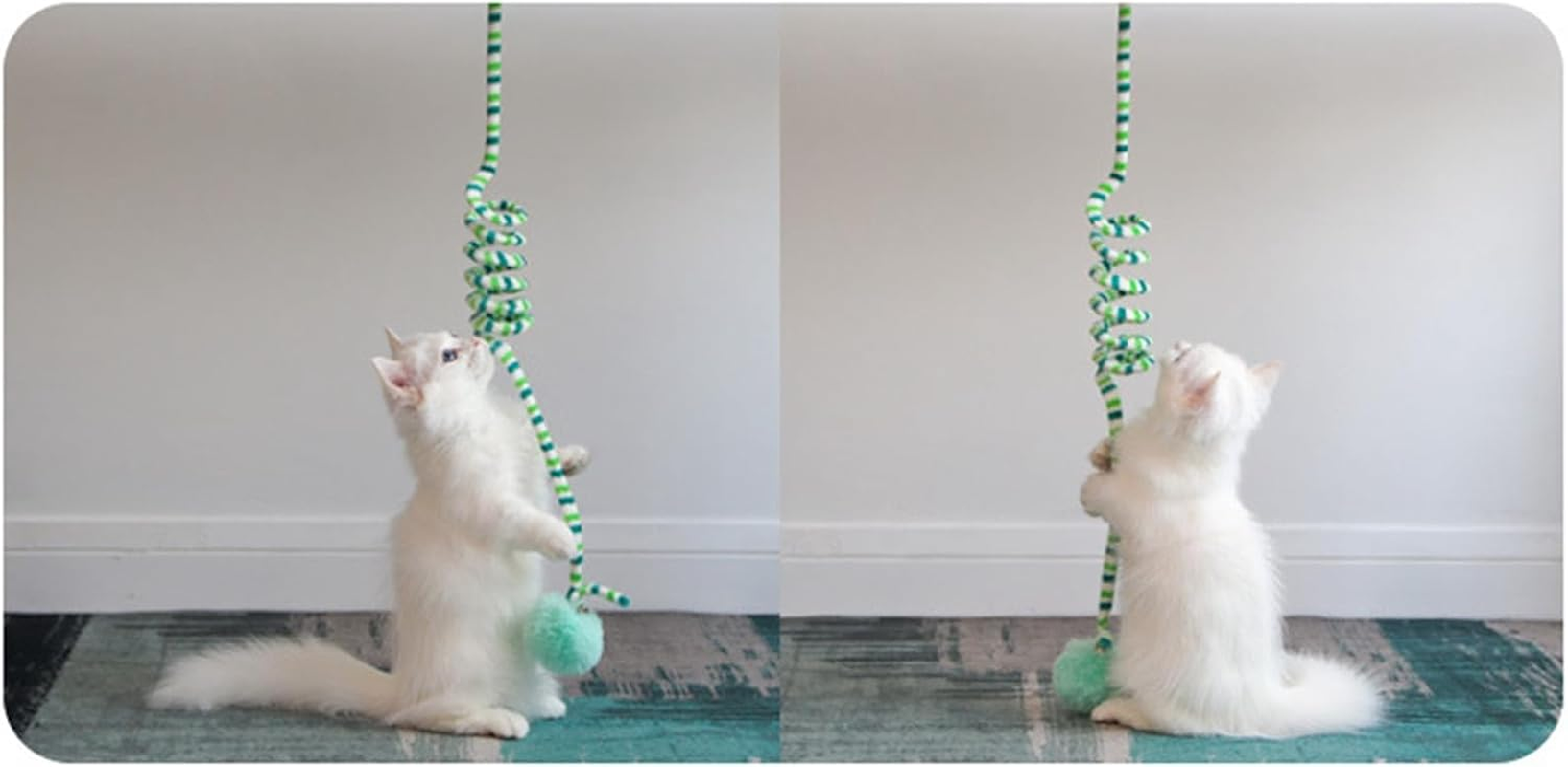 Cat Spring Toys, Fun Relieve Boredom Soft Plush Suction Cup Fixation Interactive Cat Ball Toys with Bell, Hanging Door Cat Ball Toys Stretchable Soft Plush Cat Teaser Toy for Kitten Chase Play(Green) - Green image number 3