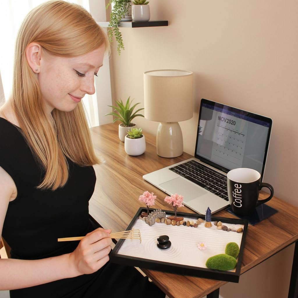 Island Falls Home Zen Garden Kit 11X8In. Beautiful Japanese Decor Mini Rock Feature Gift Set for Home, Office Desk. Zen Sand Garden, 6 Tools, 15 Accessories. Sand Tray Therapy Desktop Meditation Room image number 3