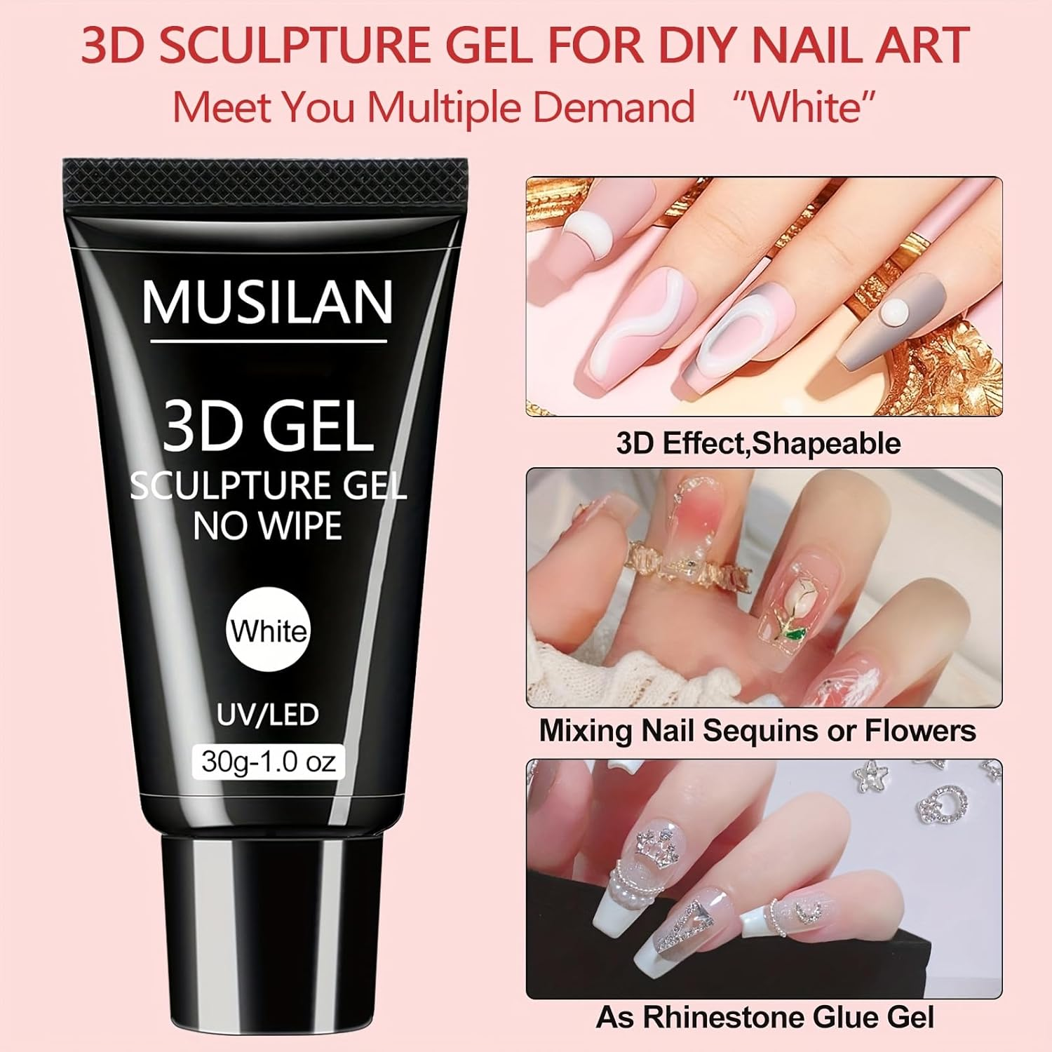 3D Nail Gel Art - 30G White Nail Sculpting Gel for Nails Tips,Molding, Drawing, Nail Charms & Gems, Chrome Powder and Rhinestone Design No Wipe, UV Curing Needed Salon & DIY Use image number 5