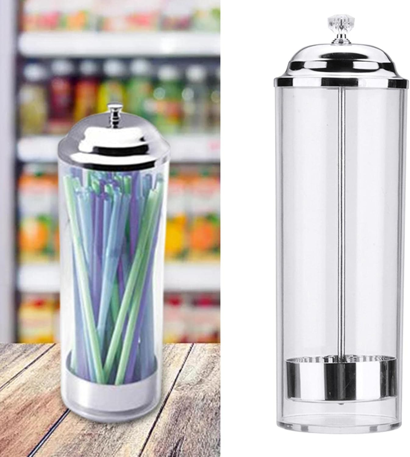 Plastic Straw Dispenser Container with Stainless Steel Lid Transparent Drinking Straw Holder Striped Plastic Straw Plastic Drinking Straw image number 4
