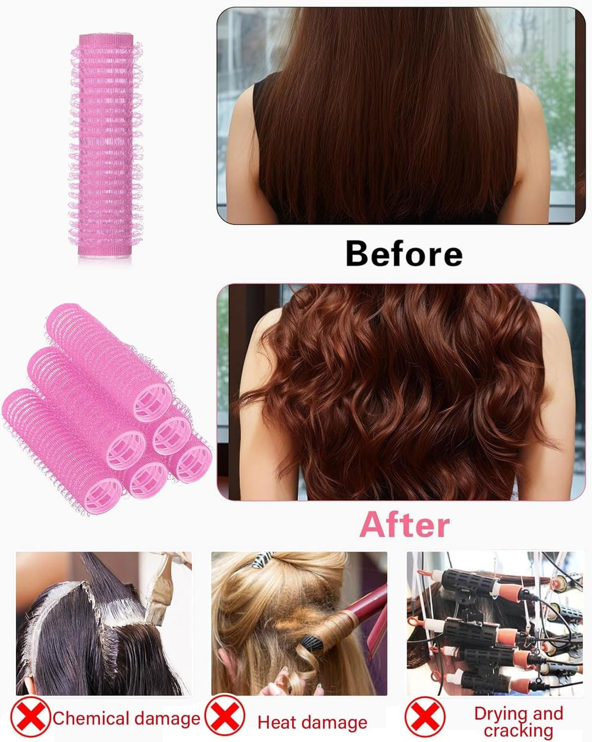 TPZORJX 37 Pieces Manual Hair Rollers Self Adhesive for Salon Hair Salon Rat Tail Comb DIY Curlers with Steel Needle Tip Combs (Rose) image number 3