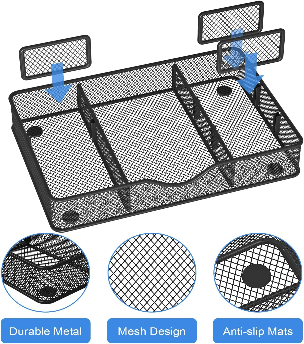 Vygrow Desk Drawer Organizer, Metal Mesh Drawer Organizer Tray with 6 Adjustable Compartment, Tray Organizer for Desktop, Kitchen, Bathroom, Makeup, Vanity - 14.5X8.8X1.96 Inch, Black, 1PC Large - Black image number 2