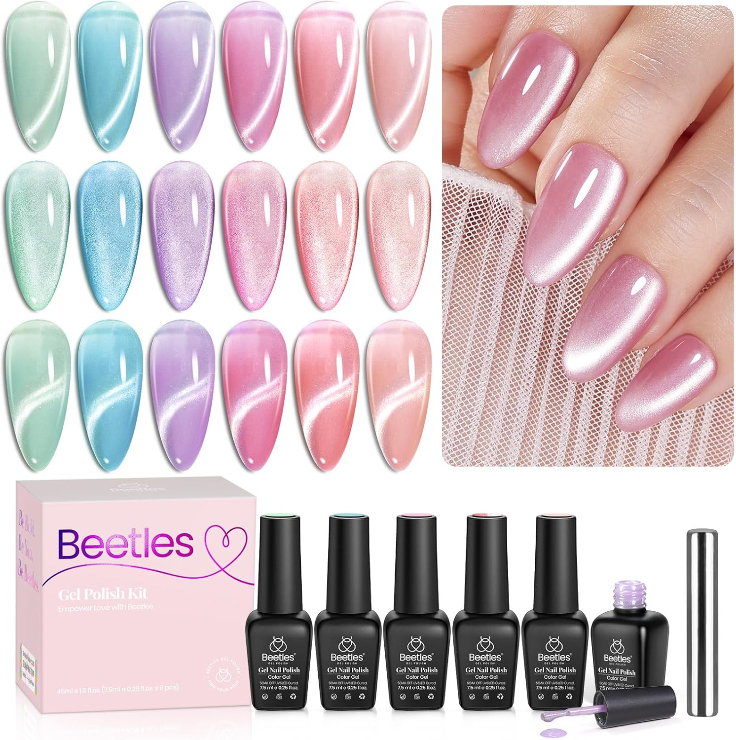 Beetles Cat Eye Gel Nail Polish Set, 6 Colors Pastel Shimmer Glitter Gel Polish Kit Soak off LED UV Curing Requires Pink Red Blue Orange Green Purple Velvet Gel with Magnet image number 4